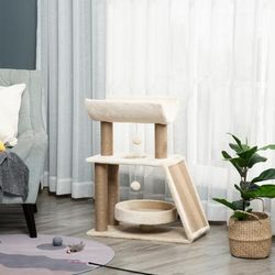 TEMU Cat Tree For Indoor Cats With Scratching Posts Pad, Kitten Tower With Bed Perch Ball Toy, 60 X 30 X 76 Cm, Light Brown