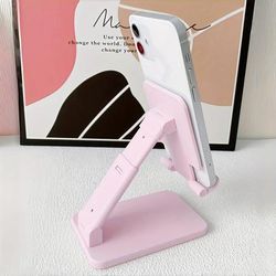 TEMU Premium Pink Foldable Desktop Phone Stand Holder - Sturdy Polycarbonate Construction, Ideal For Everyday Office Use, Space-saving, Portable, And Adjustable For Comfortable
