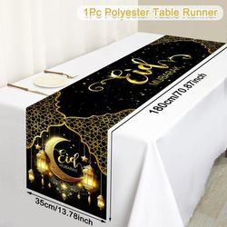 TEMU 1pc Table Runner, Polyester 100%, Machine Made, Rectangular, Black & Design, For Dining Table Decor, Ramadan Celebration, Tablecover Decor