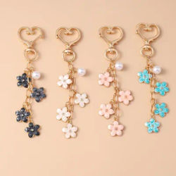 Cute Enamel Pearl Flower Keychain Plant Key Ring Pendant for Women Girls Handbag Decor DIY Handmade Jewelry Gifts