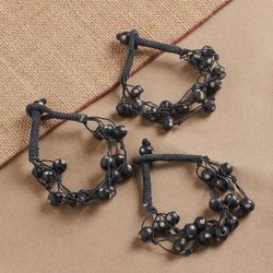 'Handcrafted 3-Piece Black Beaded Bracelet Set Made in India'