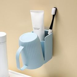 TEMU 1pc Wall-mounted Toothbrush And Toothpaste Holder With Integrated Rinse Cup, Bathroom Organizer, Plastic, Space Saving, Hygiene Storage Supplies For Home Restroom