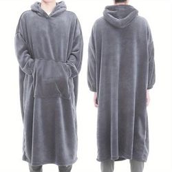 TEMU Men's Oversized Warm And Comfortable Flannel Blanket Robe, Long Sleeve Hoodie Sweatshirt Hooded Sleep Robe With Deep Pocket Pajamas Loungewear Robe For Autumn Winter