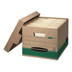Bankers Box Stor/file Medium-Duty Storage Boxes With Locking Lift-Off Lids And Built-In Handles, Letter/legal Size, 15" X 12" X 10", 100% Recycled, Kraft/green, Case Of 12