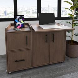 Realspace 40"w Multifunction Mobile File Cabinet Printer Stand With Integrated Power & Charging, Brown Oak, Bifma Compliant
