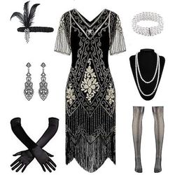 Anni Ruggenti Anni 1920 Lunghezza al ginocchio Abito Flapper Costume da festa Manica illusione Maniche corte Il grande Gatsby Frangia con nappe Paillettes Nappa Scollo a V Costume Per donna Carnevale