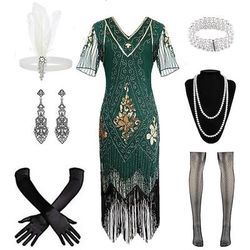 Anni Ruggenti Anni 1920 Lunghezza al ginocchio Abito Flapper Costume da festa Manica illusione Maniche corte Il grande Gatsby Frangia con nappe Paillettes Nappa Scollo a V Costume Per donna Carnevale