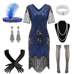 Anni Ruggenti Anni 1920 Lunghezza al ginocchio Abito Flapper Costume da festa Manica illusione Maniche corte Il grande Gatsby Frangia con nappe Paillettes Nappa Scollo a V Costume Per donna Carnevale