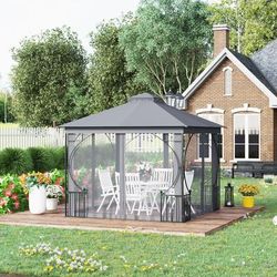 TEMU 3 X Garden Gazebo Tent Shelter Outdoor Canopy Double Tier Sun Shade Metal Frame Netting Light Grey