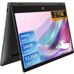 "TEMU Auusda Y140n 2-in-1 14.1"laptop Touch 2.5k Uhd Screen, 16gb Ddr5 , 512gb Ssd, N95 Processor Up To 3.40 Ghz ( 4 Threads), Usb-, Fingerprint Unlock, Backlit Keyboard, Built-in Webcam, Sd Card, Grey"
