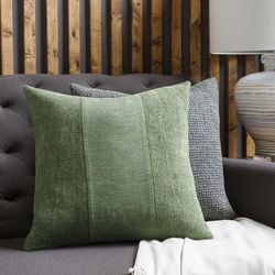 Tacy 20" Square Cottage Pillow plush stripe Cotton Medium Green Throw Pillow - Boutique Rugs