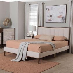 Nikolai Mid-Century Channel Tufted Beige Fabric and Wenge Brown Wood Queen Bed by Wholesale Interiors INC in Beige/weng (Size ONE SIZE)