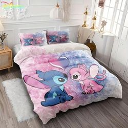 TEMU Valentine's Day Stitch Printed Cartoon Duvet Cover Bedding Sets With 3pcs 1 Duvet Cover 90 Pillowcases For Bedroom Valentine's Day Single Double Multi Size,