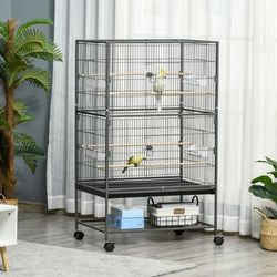 TEMU Large Bird Cage Budgie Cage For Finch Parakeet With Rolling Stand, Slide-out Tray, Storage Shelf, Food Containers, Dark Grey