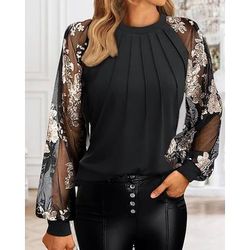 Blusa Per donna 6 nero Nero bianco grigio Nero Di pizzo Fiore / Piante Pizzo Stampa Giornaliero Elegante Il giro Standard S