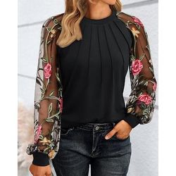 Blusa Per donna 6 nero Nero bianco grigio Nero Di pizzo Fiore / Piante Pizzo Stampa Giornaliero Elegante Il giro Standard S