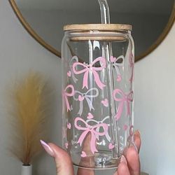 TEMU 16oz Elegant Pink Bow & Glass Tumbler With Lid & Straw - Coffee, Milk, Juice, Beverages - Ideal Gift Idea, Coffee Tumbler | Elegant Tumbler | Durable Glass, Coffee Tumbler