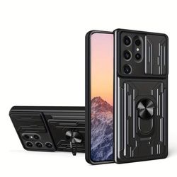 TEMU Case Designed For S24 Ultra, S23 Plus, S22+, S21 Fe, S20, Note 20 Ultra, And Models, Featuring A Card Holder And A Sliding Camera Cover, In Black With A Ring Kickstand.