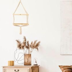 Boho Elegance,'Macrame Cotton and Wood Hanging Shelf in Beige and Ivory'