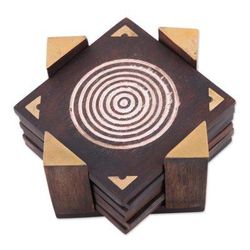 Bull's Eye,'Handmade Set of 6 Brown Geometric Wood Coasters from India'
