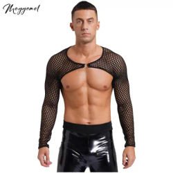 Haut court en résille évidé pour hommes, couvertures transparentes, col rond, t-shirt à manches longues, poitrine Linge, SFP, spectacle sur scène, rave