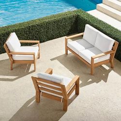Calhoun 3-pc. Loveseat Set in Natural Teak - Standard, Resort Stripe Cobalt - Frontgate