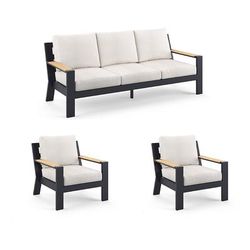 Calhoun 3-pc. Sofa Set with Two Lounge Chairs in Matte Black Aluminum - Standard, Sailcloth Cobalt - Frontgate