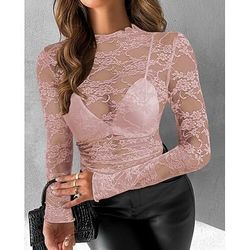 Blusa Per donna Nero trasparente 6 nero Nero Ricamato Fiore / Piante Pizzo Strappato Giornaliero Elegante Di pizzo Rotonda S