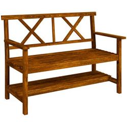 TEMU Wooden Garden Bench, 2-seater Outdoor Bench With Storage Shelf, Backrest, Armrests And Slat Seat For Patio, Lawn, Deck,