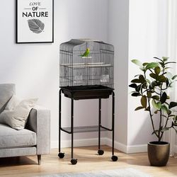 TEMU Bird Cage Budgie Cages For Finch Canary Parakeet With Stand Wheels Slide-out Tray Accessories Storage Shelf, Black 46.5 X 36 X 124 Cm