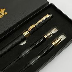 TEMU Elegant 3pcs Pen Set Packaged In A Gift Box, Featuring An Ergonomic Metal Pen With A Detachable Cap And A Medium Nib, Ideal For Calligraphy And Office Applications.