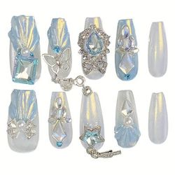 TEMU Blue And White Rhinestone Nails