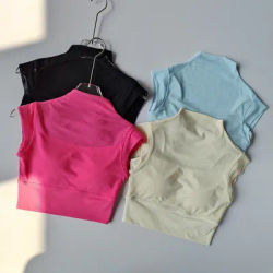 Mesh Integrated Cup Flying Sleeve Short Sleeve Anti-wrinkle Sports Yoga Fitness Comfort Chest Pad Wear-free Bra Suspender Top