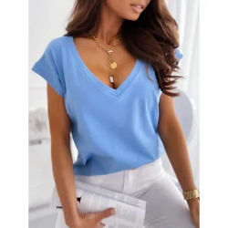 T-shirts Sexy à col en v pour femmes, manches courtes, respirants, simples, hauts blancs, couleur unie, pull