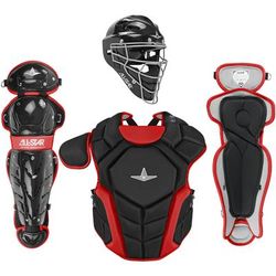 All Star Top Star NOCSAE Certified Baseball Catcher's Kit - Ages 9-12 Black/Scarlet
