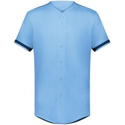 Augusta Sportswear 6910 Athletic Youth Cutter+ Full Button Baseball Jersey T-Shirt in Columbia Blue/Navy Blue size Small | Polyester/Spandex Blend