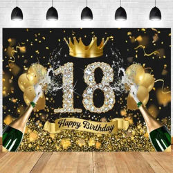 18th Birthday Party Backdrop Black Gold Glitter Balloon for Women Men Boys Girls 18th Birthday Bar Mitzvah Photography Poster