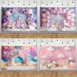 Rainbow Unicorn Cartoon Castle Baby Shower Photography Background Balloons Soft Clouds Indoor Kid