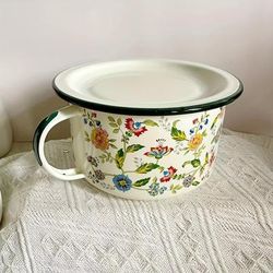 TEMU Floral Enamel Bowl With Lid Set - Retro Enamelware Bowls For Soup, Noodles, Salad - Microwave Safe, Round Bowls For Christmas, Easter, Hanukkah, Thanksgiving - 1 Piece