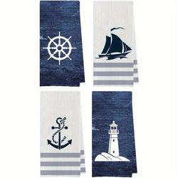 TEMU 4pcs Hand Towels - Quick-dry Microfiber, Soft & Absorbent, Dark Blue With Sailboat, Anchor & Lighthouse Designs, Coastal Bathroom Decor, White Striped Borders, 18x26 Inches, Nautical Decor