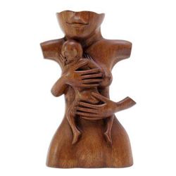 'Suar Wood Brown Sculpture with Hand-Carved Tender Scene'