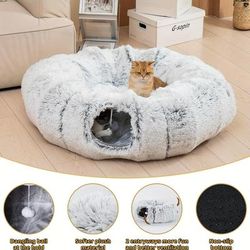 TEMU Cozy Plush Cat Tunnel Bed With Hanging Ball Toy - Foldable, Portable, And Breathable Design For Indoor Play And Relaxation