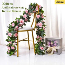 Artificial Rose Vine 16 Head Flowers Length 220cm False Green Plant Flower Vine Family Wedding Party Arch Decoration Flower Vine