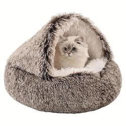 TEMU Luxurious Plush Pet Cave Bed For Cats & Small Dogs - Cozy, Warm Fur Nest With Large Hood For & Anti-anxiety, Non-slip Base, In Gray/pink/brown - Kittens & Puppies, Cat Bed