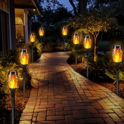 TEMU 8-pack Solar Flame Led Torch Lights, Outdoor Garden Decor, Automatic Flickering, Abs Material, Solar-powered Nickel Battery, 300mah, For Pathway & Landscape Ambiance