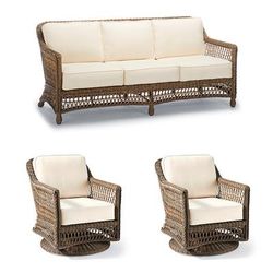 Hampton 3-pc. Sofa Set with Two Swivel Lounge Chairs in Driftwood Wicker - Standard, Resort Stripe Sand - Frontgate