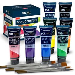 TEMU 8 Tubes Acrylic Paint 120ml + 4 Artists Brushes Set Assorted Colours Arts Crafts
