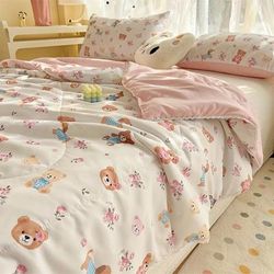 TEMU Cute Floral Bear Summer Quilt With Lace Trim - Washable Polyester, Pink Bear & Colorful Flowers Design, Cozy Rooms Or Bedding Sets, Quilted Bedding | Design | Polyester Fiber, Quilt Bedding