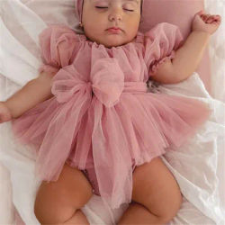 Barboteuse en tulle pour bébé fille de 0 à 24 mois, combinaison à manches courtes avec nœud papillon sur le devant, couleur unie, vêtements d'été