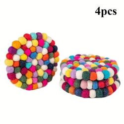 TEMU 4pcs Rainbow Felt Ball Coasters - Handcrafted, Absorbent Drink Mats With Vibrant Colorful Felt Balls For Bar Decor, Bar | Colorful Coasters | Decorative Coasters, Coasters For Bar